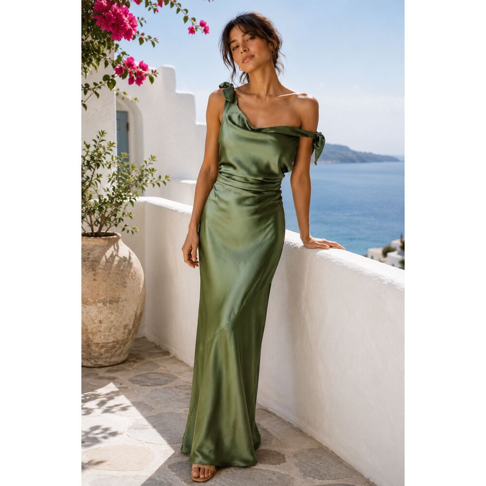Petal And Pup Selma Liquid Satin Tie Shoulder Slip Dress Olive Green Small